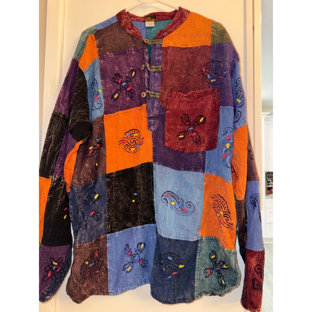 Little Kathmandu Patchwork Henley Shirt XXL Cotton Nepal Boho Hippie Symbols